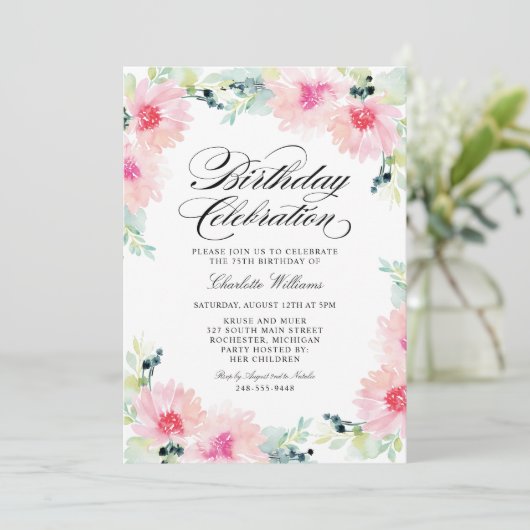 赤面ピンクウォーターカラーフローラ春誕生日 招待状 (スタンド正面)