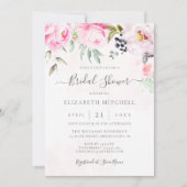 赤面ピンクウォーターカラーフローラ牡丹ブライダルシャワー 招待状 (正面)