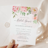 赤面ピンクウォーターカラーフローラ牡丹ブライダルシャワー 招待状
