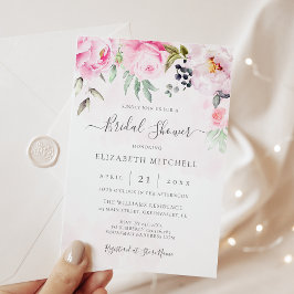 赤面ピンクウォーターカラーフローラ牡丹ブライダルシャワー 招待状