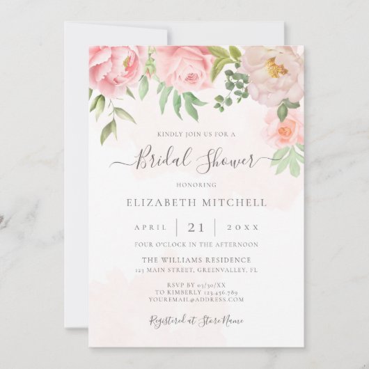 赤面ピンクウォーターカラーフローラ牡丹ブライダルシャワー 招待状 (正面)