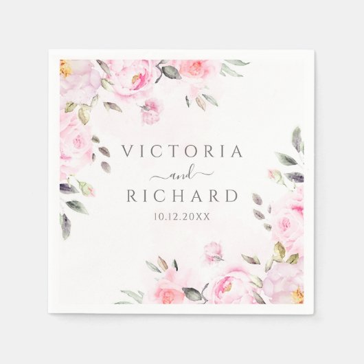 赤面ピンクウォーターカラーフローラ牡丹結婚ズ スタンダードカクテルナプキン (正面)