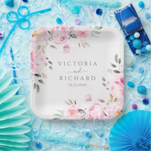 赤面ピンクウォーターカラーフローラ牡丹結婚ズ ペーパープレート (パーティー)