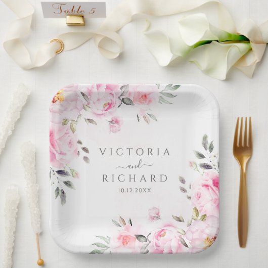 赤面ピンクウォーターカラーフローラ牡丹結婚ズ ペーパープレート (ウェディング)