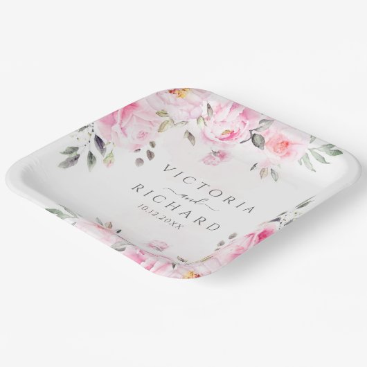 赤面ピンクウォーターカラーフローラ牡丹結婚ズ ペーパープレート (傾斜あり)