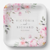 赤面ピンクウォーターカラーフローラ牡丹結婚ズ ペーパープレート (正面)