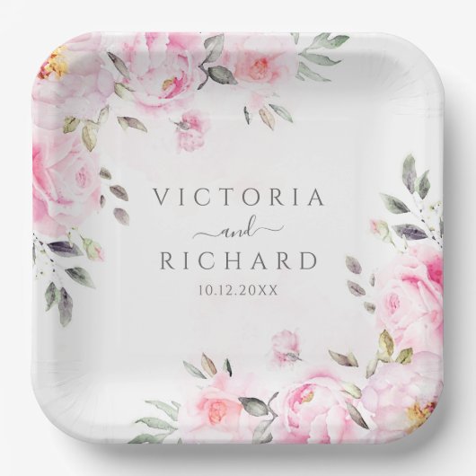 赤面ピンクウォーターカラーフローラ牡丹結婚ズ ペーパープレート (正面)