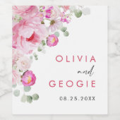 赤面ピンクウォーターカラーフローラ牡丹結婚ズ ワインラベル (シングルラベル)