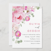 赤面ピンクウォーターカラーフローラ牡丹結婚ズ 招待状 (正面)