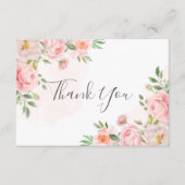 赤面ピンクウォーターカラーフローラ緑結婚色 サンキューカード (正面)