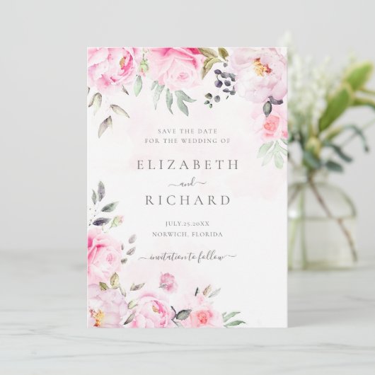 赤面ピンクウォーターカラーフローラ緑結婚色 セーブザデート (スタンド正面)