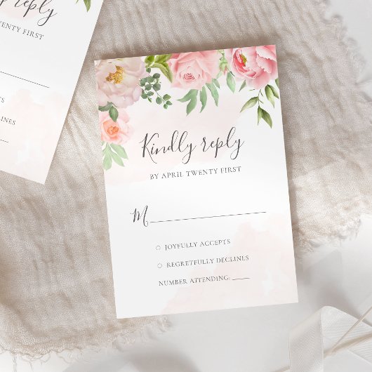 赤面ピンクウォーターカラーフローラ緑結婚色 出欠カード