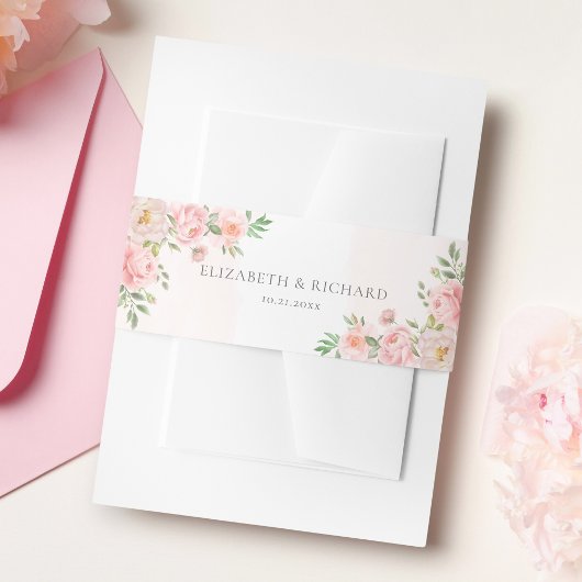 赤面ピンクウォーターカラーフローラ緑結婚色 招待状ベリーバンド