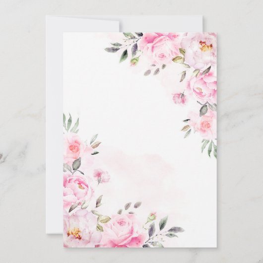 赤面ピンクウォーターカラーフローラ緑結婚色 招待状 (裏面)