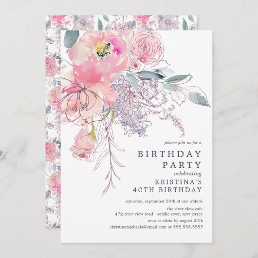 赤面ピンクウォーターカラーフローラ誕生日 招待状 (正面/裏面)