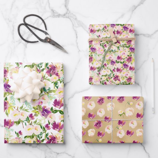 赤面ピンクウォーターカラーフローラ金ゴールドグラム ラッピングペーパーシート (正面)