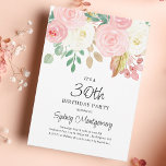 赤面ピンクウォーターカラーフローラ30th Birthday 招待状<br><div class="desc">赤面かわいらしピンクの水色フローラ30th誕生日パーティの招待状。緑と金ゴールドのピンクとクリームの葉花。重要な文字は全て君パーソナライズされたが持てる。誕生日の年も40、50など任意の年に変更できる。</div>