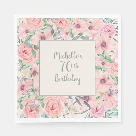 赤面ピンクウォーターカラーフローラ70誕生日 スタンダードランチョンナプキン (正面)