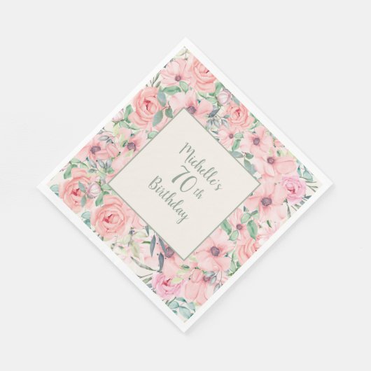 赤面ピンクウォーターカラーフローラ70誕生日 スタンダードランチョンナプキン (角)
