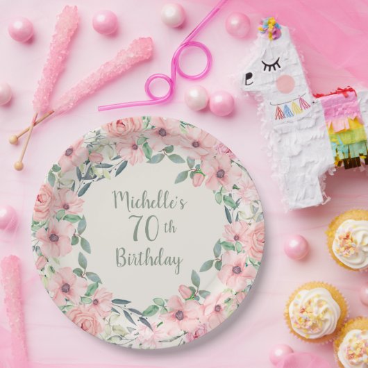 赤面ピンクウォーターカラーフローラ70誕生日 ペーパープレート (パーティー)