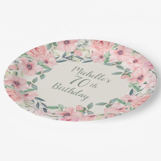 赤面ピンクウォーターカラーフローラ70誕生日 ペーパープレート (アングル)