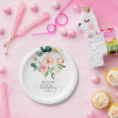 赤面ピンクウォーターカラーフローラ80誕生日 ペーパープレート (パーティー)