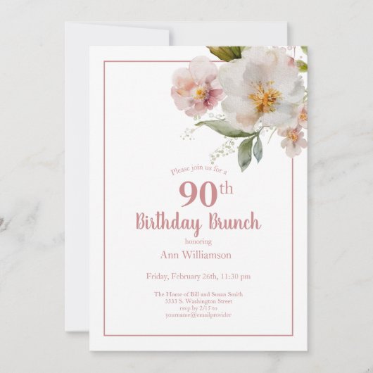 赤面ピンクウォーターカラーフローラ90th誕生日ブランチ 招待状 (正面)