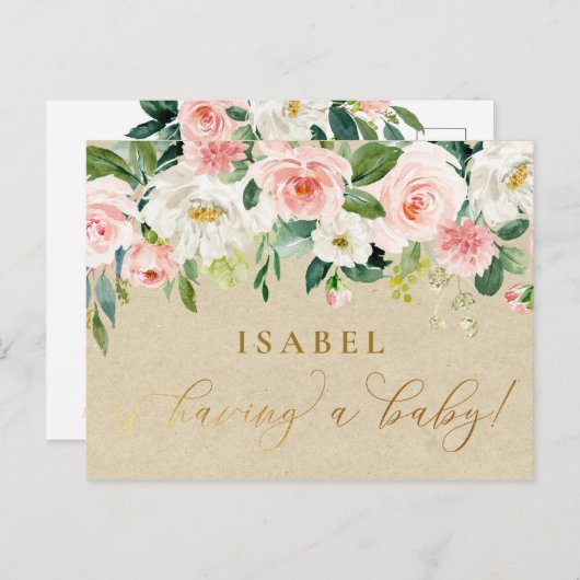 赤面ピンクウォーターカラーフローラ&クラフトベビーシャワー ポストカード (正面/裏面)