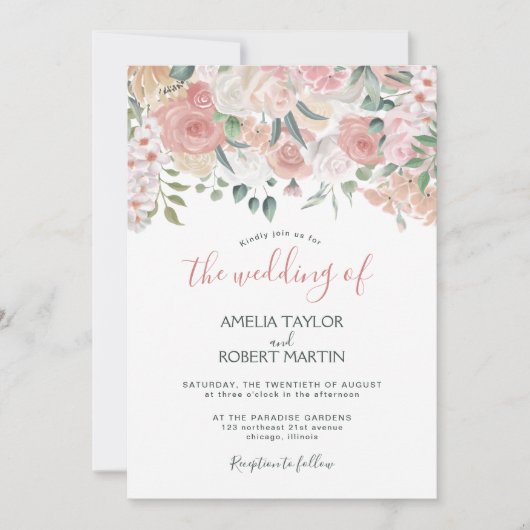 赤面ピンクウォーターカラーフローラ 招待状 (正面)