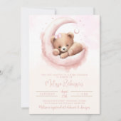 赤面ピンクウォーターカラーベアーガールベビーシャワー 招待状 (正面)