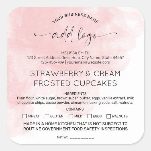 赤面ピンクウォーターカラーホームベーカリー食品成分 スクエアシール (正面)