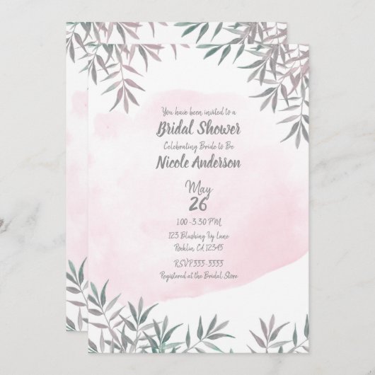 赤面ピンクウォーターカラーボタニカルシックブライダルシャワー 招待状 (正面/裏面)