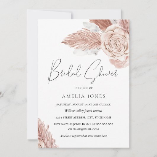 赤面ピンクウォーターカラーボホフラワーズブライダルシャワー 招待状 (正面)