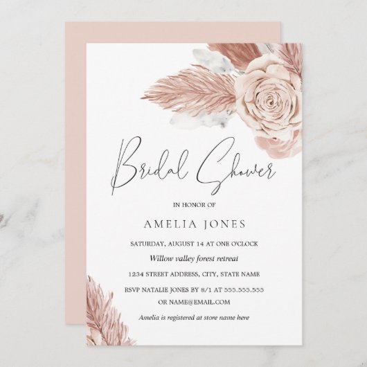 赤面ピンクウォーターカラーボホフラワーズブライダルシャワー 招待状 (正面/裏面)