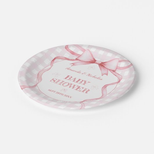赤面ピンクウォーターカラーボーギンガムベビーガールシャワー ペーパープレート (アングル)