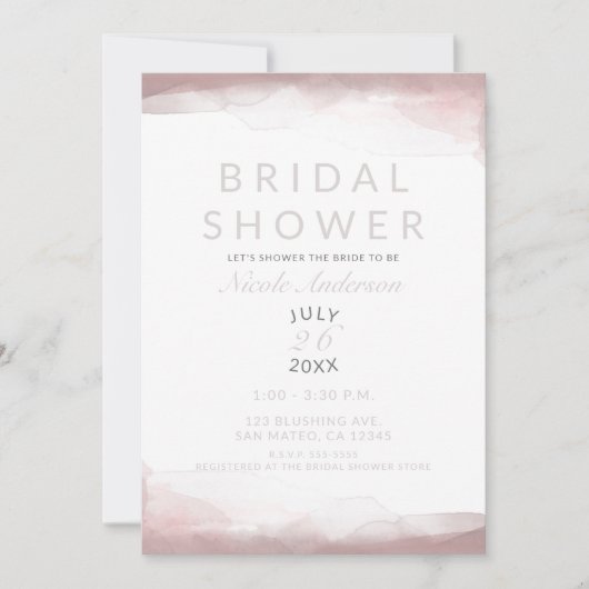 赤面ピンクウォーターカラーモダンシックブライダルシャワー 招待状 (正面)