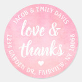 赤面ピンクウォーターカラーラブ&感謝してい差出人住所 ラウンドシール (正面)