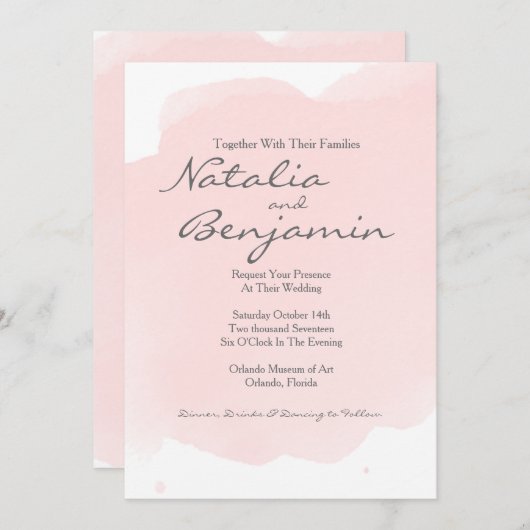 赤面ピンクウォーターカラーロマンチック結婚式招待状 招待状 (正面/裏面)
