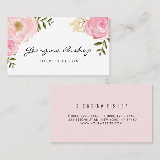 赤面ピンクウォーターカラー牡丹とバラスクリプト 名刺 (正面/裏面)