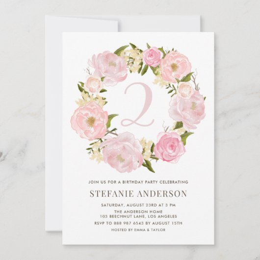 赤面ピンクウォーターカラー牡丹リース子供の誕生日 招待状 (正面)