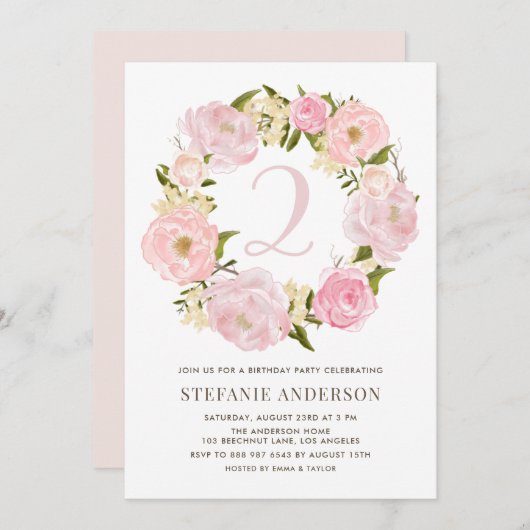 赤面ピンクウォーターカラー牡丹リース子供の誕生日 招待状 (正面/裏面)