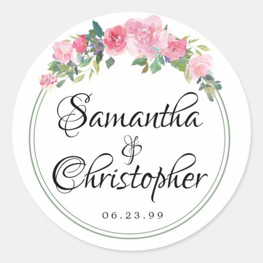赤面ピンクウォーターカラー結婚フローラ封筒用シール ラウンドシール (正面)