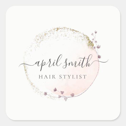 赤面ピンクウォーターカラー金ゴールドサークルフローラリース スクエアシール (正面)