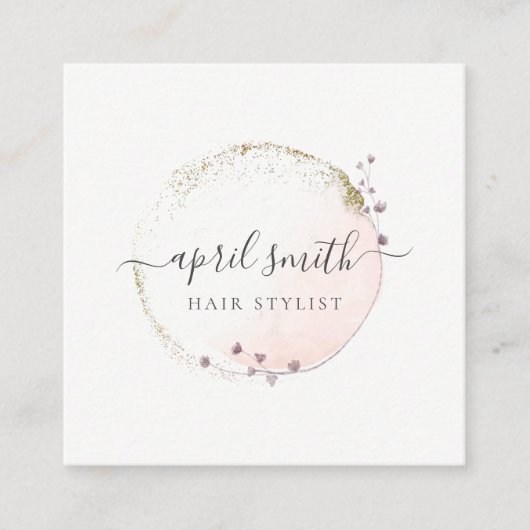 赤面ピンクウォーターカラー金ゴールドサークルフローラリース スクエア名刺 (正面)