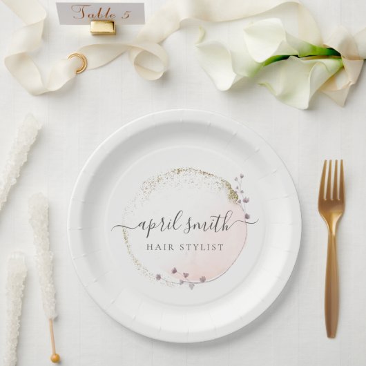赤面ピンクウォーターカラー金ゴールドサークルフローラリース ペーパープレート (ウェディング)