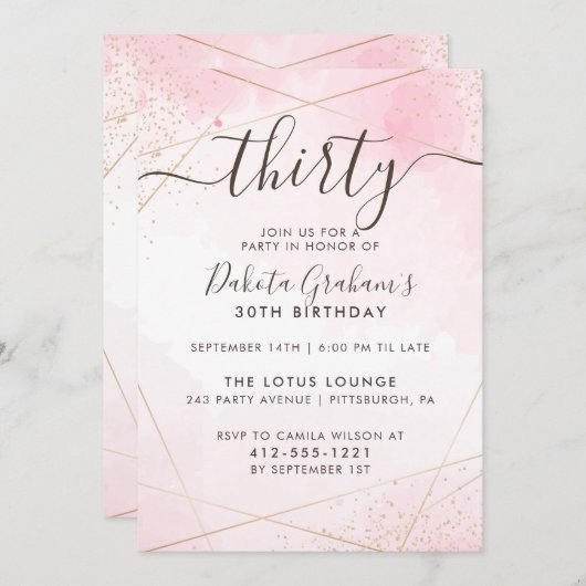赤面ピンクウォーターカラー金ゴールド30歳の誕生日パーティー 招待状 (正面/裏面)