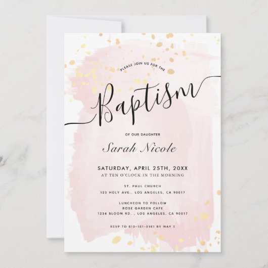 赤面ピンクウォーターカラー金ゴールド(ばちゃばちゃ)跳ねるガールバプテスマ 招待状 (正面)