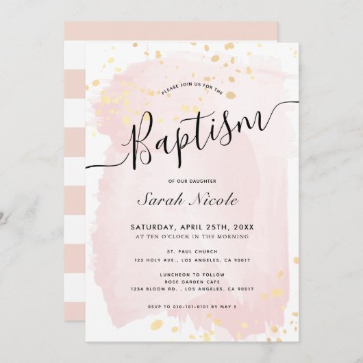 赤面ピンクウォーターカラー金ゴールド(ばちゃばちゃ)跳ねるガールバプテスマ 招待状 (正面/裏面)