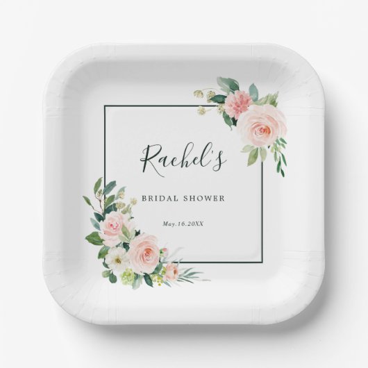 赤面ピンクウォーターカラー開花ブライダルシャワー ペーパープレート (正面)