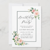 赤面ピンクウォーターカラー開花誕生日パーティー 招待状 (正面)